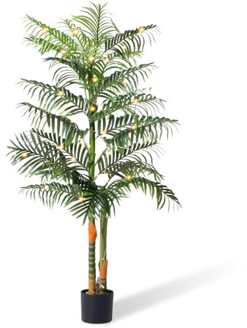 Artificial Palm Tree with Lights, 6Ft Tall Double Stalk Large Tropical Fake Tree Faux Tropical Areca Floor Tree in Pot, Artificial Plants Indoor Fake Plants for Home Decor Indoor