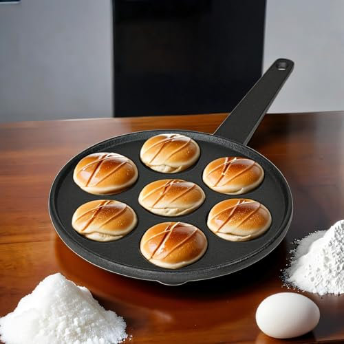Pförtchenpfanne Gusseisen, Takoyaki Pfanne, Mini Pancake Maker, Pancake Pan, Augenpfanne, Durchmesser 5,5cm, Induktion, 7 Vertiefungen, Pförtchen Schneckenpfanne, Poffertjes Maker, Poffertjes Pfanne
