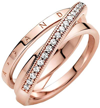 Pandora Signature Bague anneau triple croisé Pavé en métal plaqué or rose 14 carats avec zircones cubiques transparentes, taille 58