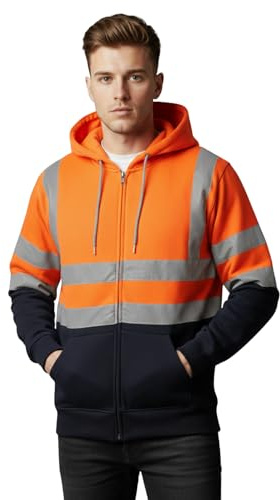 Hamishkane® Homme Veste Haute Visibilité, Sweat Homme Capuche Zippé, Patch de Contraste Pull Over Sweat Polaire Homme Veste de Travail Homme Chantier