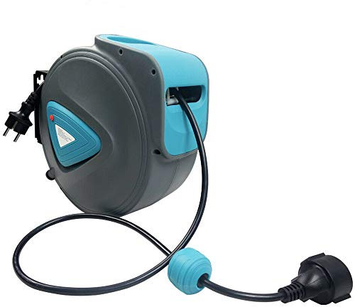 VA-Cerulean Avvolgicavo automatico, 20 m, girevole a 180°, per montaggio a parete, colore blu, con supporto a parete, cavo elettrico con protezione da sovraccarico, prolunga automatica