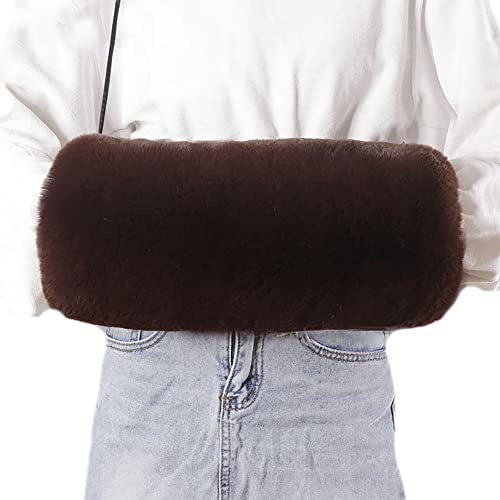 Women Hand Warming Muffs Faux Fur Cozy Winter Cold Hand Wedding Arm Warmer Gloves with Shoulder Strap Brown
