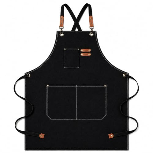 jiuzcare tablier cuisine homme tablier barbecue tablier cuisine reglable avec poches tablier croise travail restaurant jardin (robuste oxford) Noir
