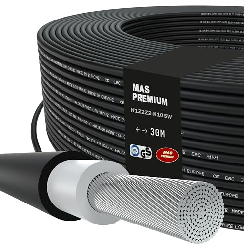 MAS-Premium Solarkabel H1Z2Z2-K, Solarleitung 10mm², TÜV-2 zertifiziert, Halogenfrei, doppelt isoliert. Frei bewegliche oder feste Verlegung in Photovoltaikanlagen. Länge: 5 bis 200m (Schwarz, 30m)