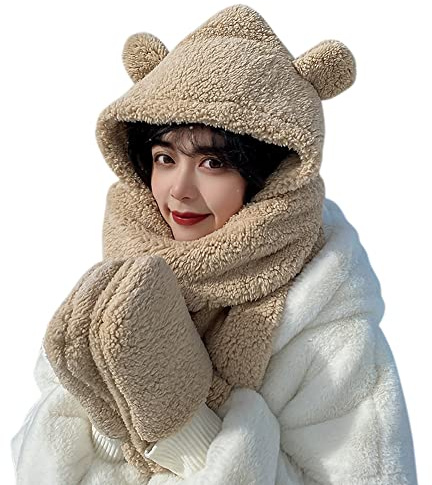 Kids Hat Scarf Gloves Set Boys Girls Cute Bear 3-in-1 Winter Warm Plush Faux Fur Head Trapper Hooded Neck Warmer Windproof Earmuffs Snood Gloves Mittens Earflap Hat Long Scarf
