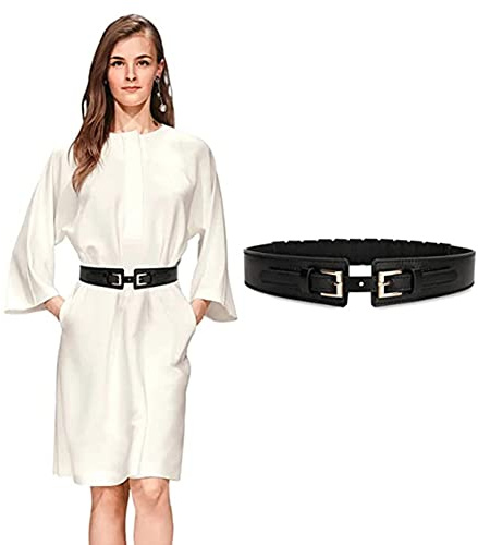 TOEECY Cinturones de Mujer Ancho Cuero PU Cintura con Hebilla de Metal Vintage Elástico para Camisa Vestidos (Negro)