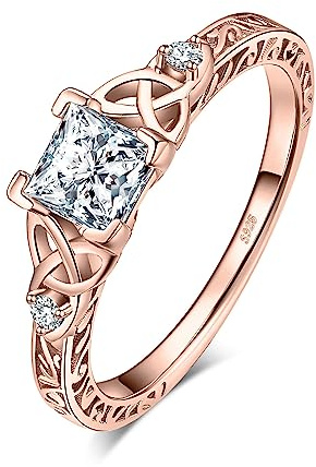 JewelryPalace Vintage Celtic Knot Princess Cut 1.2ct Cubic Zirconia Solitaire Engagement Rings for Women, 14k Rose Gold Plated 925 Sterling Silver Promise Rings, Simulated Diamond Ring Size 10