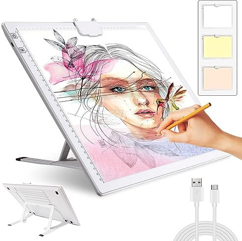 A3 Leuchttisch,Wiederaufladbar Led Licht Pad 3 Farben stufenlos dimmbar und 6 Helligkeitsstufen Leuchttafel zum Nachzeichnen,wiederaufladbare LED-Kopiertafel für Diamond Painting,Zeichnung,Skizzie
