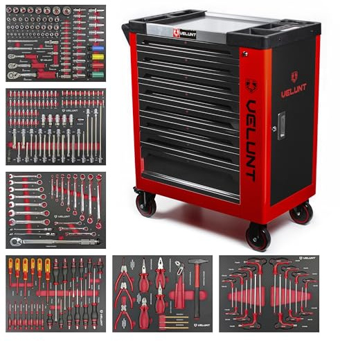 WIDMANN PROFESSIONELLE WERKZEUGE VELUNT Tool Trolley Cabinet with 233 Tools Steel Workshop Storage Chest Carrier ToolBox (TC8-6) (Red)