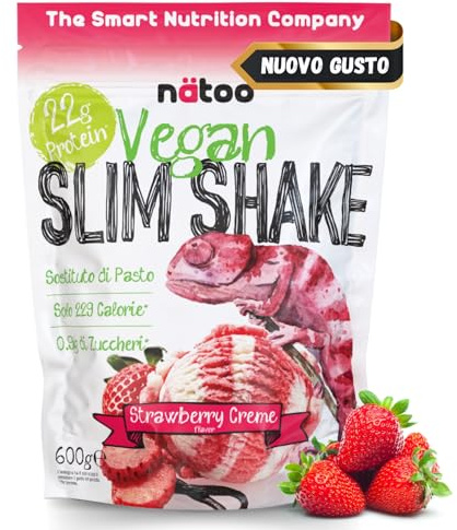 NÄTOO Pasto Sostitutivo Vegan Slim Shake Proteico - Sostituto di pasto completo per il controllo del peso a base di proteine vegetali con 27 minerali e vitamine - 600gr. (10 porzioni) (Fragola)