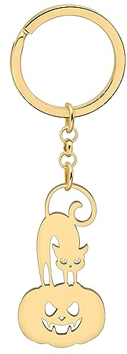 DALANE Halloween Porte-clés Citrouille en Acier Inoxydable Bijoux Cadeaux de Fantaisie pour les Femmes Filles Décor Citrouille Portefeuille Porte-clés (Citrouille À Chat Plaquée Or 18K)