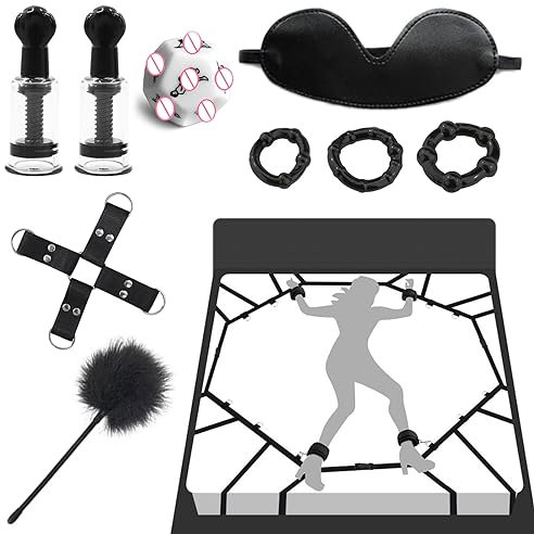 2023-Neueste 4-Seiten Handschellen Sex Bett Bondageset Fessel Set,BDSMs Fesseln Sex Set,Penisring Cockring Augenmaske,Nippelsauger Brustwarzen Federkitzler,BDSMs Spielzeug Hart,Sex Spielzeug Beide (A)