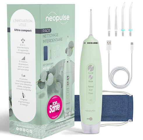 NEOPULSE® My First Jet Dentaire Ultra-Compact - Hydropulseur 2 en 1-4 Canules, 6 Pressions Réglables, 165ml Réservoir Amovible - Élimine Plaque Dentaire, Nettoie les Appareils Orthodontiques - Vert