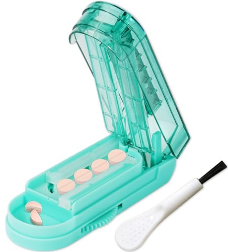 JohnBee Pill Cutter Splitter, Adjustable, Cuts Multiple Pills at Once, Sharp Blade with Safety Guard, Non-Slip Silicone Edges, Lake Blue, 1 Compartment