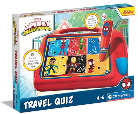 Clementoni E-Lektor Quiz Travel - Marvel Spidey und Seine Freunde - interaktives Lernspielzeug mit elektronischem Stift für Kinder ab 4 Jahren - Ideal für unterwegs & Reisen, 16806