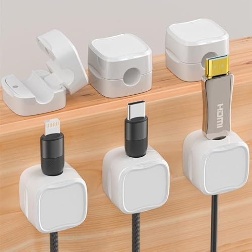 6 Stück Kabelhalter Kabelclips，Magnetische Schreibtisch Kabel Organizer Management, Kabelhalter Selbstklebend für Schreibtisch, Netzkabel, USB C Ladekabel, HDMI Kabel, Audiokabel usw. (Weiß)