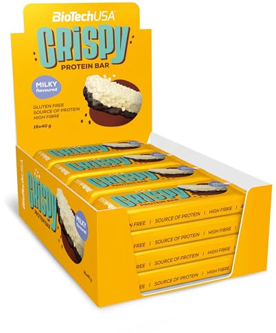 BioTechUSA Crispy Protein Bar - Süßer und knuspriger Eiweißgenuss für Energie und Muskelaufbau unterwegs, 16x40 g, Milch