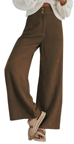 Imuedaen Cordhose Damen High Waist Weites Bein Hosen Freizeithose Lang Casual Locker Hose mit Taschen und Knöpfen (Kaffee, XL)