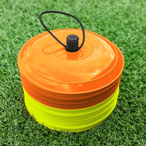 FORZA Near Flat Training Marker Cones [10 färger] | 50-pack med 23 cm breda, ultra-hållbara koner – perfekt för fotboll, rugby, hockey och mer