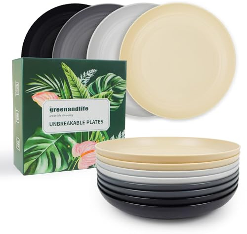 greenandlife 8 st middagstallrikar, 25 cm återanvändbara plastplattor, diskmaskin- och mikrovågsugnssäkra PP-plattor, lätta och okrossbara, BPA-fria