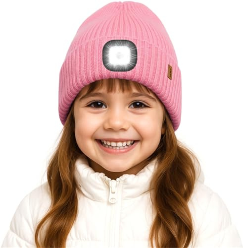 ATNKE Kids LED Lighted Beanie Hat,USB Rechargeable 4 LED Running Headlamp Hands Free Head Torch Cap with Light Winter Warm Fleece Lined Knit Beany Gifts for Boys and Girls/Pink