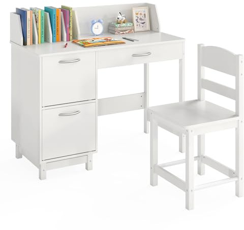 GOPLUS Bureau Enfant Fille Garçon, Table Enfant avec Chaise pour Dessiner, Lire, Bureau avec Rangement 1 Tiroir 2 Armoires, Table d'Étude en Bois pour Chambre, Maternelle (Blanc)