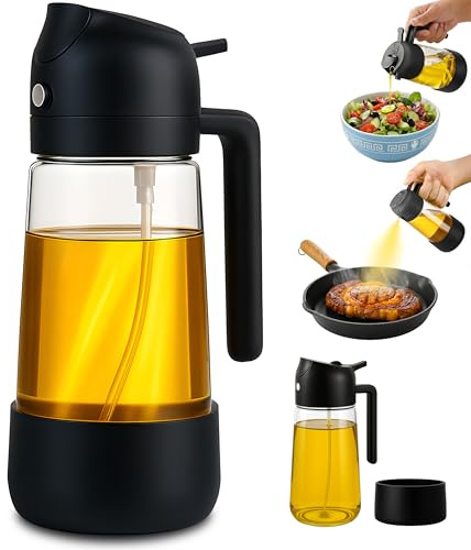 Vitachy Aceitera 2 en 1 con Pulverizador y Dispensador de Vidrio 470ml - Spray Aceite Cocina para Freidora de Aire con Base de Silicona Antideslizante y Antigolpes - Vinagrera Antigoteo y Rellenable