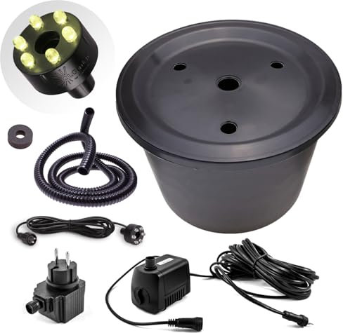 CLGarden Springbrunnenpumpe Set mit 30l Becken und GFK Abdeckung, Pumpe SP1 mit warmweißer LED-Beleuchtung für Gartenbrunnen Wasserspiel 12V