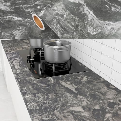 80cm×3m, Grey Wallpaper Worktop Vinyl Covering, Matt Finish Marble Vinyl Wrap for Furniture Stickers, Grey Marble Sticky Back Plastic Roll, Durable Heat-Resistant Contact Paper Self Adhesive Wallpaper