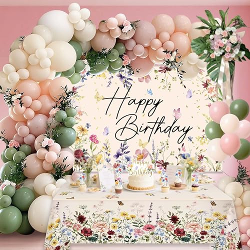 Wildflower Birthday Decorations for Women Girls, Sage Green Dusty Pink Balloon Arch Garland Kit with Floral Happy Birthday Backdrop, 12 Cupcake Toppers, Boho Spring Garden Party Supplies