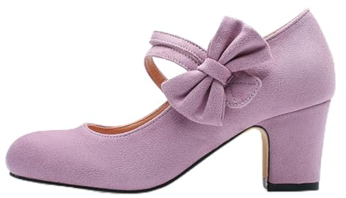 Escarpins Bowknot Mary Jane Chaussures à talons rétro vintage en faux daim pour femme Chaussures à bout rond fermé Chaussures de bureau Chaussures de mariage confortables, Mauve clair, 41 EU