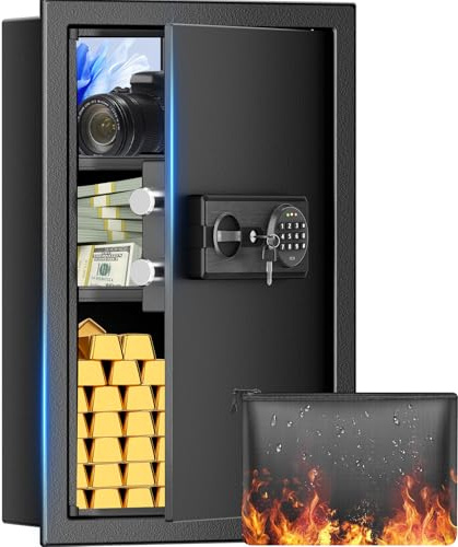 Large Fireproof Wall Safes Between the Studs, Heavy Duty Fire Wall Security Safes with Digital Keypad and 2 Removable Shelves, in Wall Hidden Safe for Home, Pistols, Cash, Documents, Jewelry