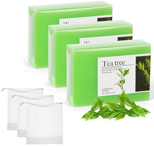 AYBUY Naturlig teträd-tvål, skrubba tvål med 3 x bubbelnät, skrubbstång för ansikte och kropp, djuprengöring upplyst badrumstvål för fet hud och torr hud (3 x 100 g)