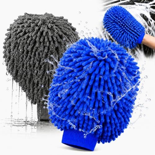 2 PièCes Gant Lavage Voiture, Gant Microfibre Nettoyage Voiture, Grau+Blau
