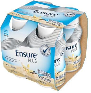 Ensure Plus Supplemento Nutrizionale Ipercalorico con Proteine, privo di Fibre |Formato bevanda| Alimento a fini medici speciali completo e bilanciato | Confezione 4x200ml Gusto Vaniglia