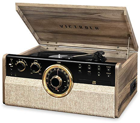 Victrola Empire 6-in-1 Wood Mid Century Modern Bluetooth Record Player with 3-Speed Turntable, CD, Cassette Player and Radio | Farmhouse Walnut | VTA-270B-FNT-INT