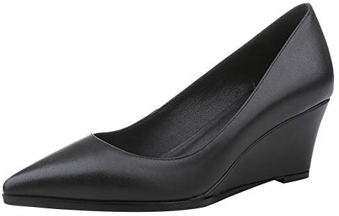 Jamron Damen Echtleder Spitze 5.5CM Keilabsatz Pumps Büroarbeit Gericht Schuhe Schwarz SN02411-2 EU38