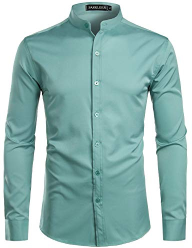PARKLEES Camicia da uomo, tinta unita, slim fit, facile da stirare, a maniche lunghe, con colletto alto, per il tempo libero, turchese, S