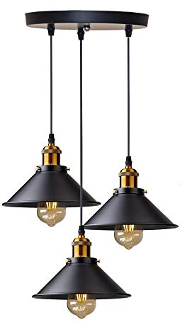 DELIPOP 3 Luces Lámpara Colgante Industrial Vintage, diseño Edison de metal, Metal Negro Lámparas de Araña Colgantes, E27 Iluminación de Techo Para Cocina, Comedor, Dormitorio, Café