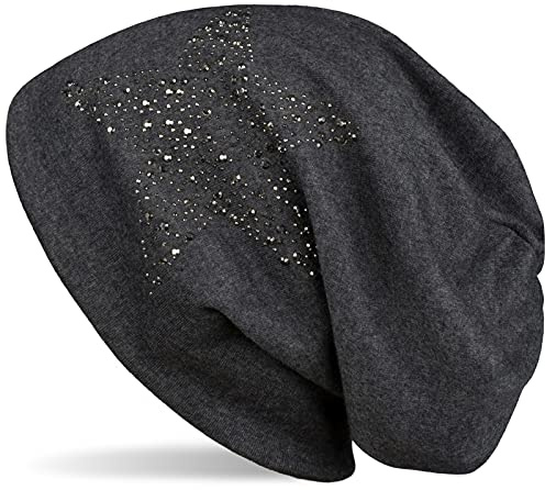 styleBREAKER Damen Slouch Beanie Mütze mit Strass Stern | Glitzer Longbeanie aus weicher Viskose | One Size für Erwachsene, Farbe:Anthrazit meliert