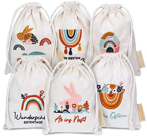 Papierdrachen 6 Leinensäckchen mit Bestickung - Osterverpackung Geschenkverpackung Tischdeko - Stoffsäckchen zu Ostern - Boho - 13x18 cm - Set 2
