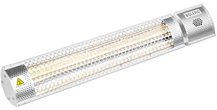 Bolero Hanging Electric Patio Heater IP55, Silver | Heats up in just 2 seconds with a remote control, dual power levels, and forward-projecting mirror reflectors.
