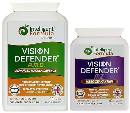 Vision Defender Advanced & MZ Bundle Benessere Oculare - Formula AREDS2 Luteina Zeaxantina Meso-Zeaxantina - Vitamine Occhi Vegane - 90 Giorni 180 Capsule - UK