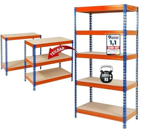 KARAT scaffalatura per carichi pesanti - Scaffale a incastro, scaffale per cantina, scaffale per magazzino, banco da lavoro - Portata fino a 1250 kg - Montaggio rapido e stabile (Blu-Arancio, 220 x
