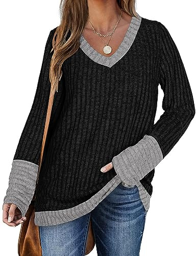 DUOEASE Felpa Nera Donna Scollo a V Elegante Leggeri Maglione Donna Maniche Lunghe Top Donna Autunno e Inverno GNero-S