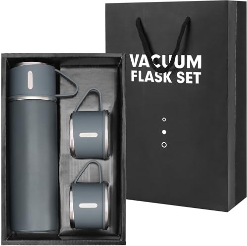 Belle Vous Grey Stainless Steel Flask Bottle with Cup Lid & 2 Cups - 500ml/17oz Double Walled & Vacuum Insulated Travel Mug - Reusable Metal BPA-Free/Leakproof Water Bottle for Hot and Cold Drinks