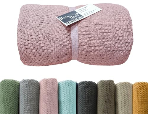HaraDeco Mantas para Cama Sofá 100% Algodón Tacto Suave, Manta Decorativa para Pie de Cama, Plaid Cubrecama de Punto Fabricado Nacional(Rosa, 170x210cm)