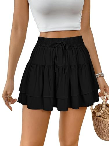 REORIA Damen Mini Cupcake Rock mit Rüschen Faltenröcke Ausgestellte Röcke Sport Tennis A-Linie Schule Tanz Skort Raffender Partyrock Schwarz S