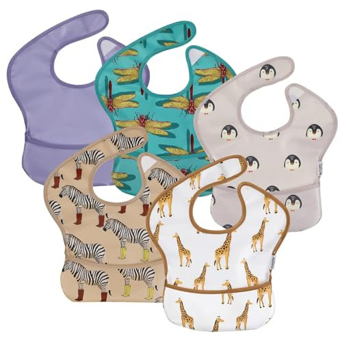 Soarwg Kids Baby Lätzchen mit Auffangschale Set 5 Stk Kleinkind Fütterlätzchen mit Auffangschale, Klettverschluss Superleicht Wasserdicht Waschbar Schmutzabweisend 001