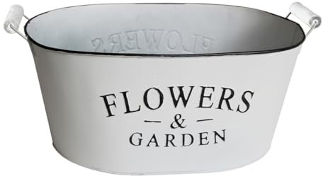 Macosa NO55772 Deko Pflanztopf Weiß Zink 30 x 19 x 12,5 cm Wanne Oval Vintage Metall Zinkwanne Landhaus Garten-Dekoration Metall-Blumentopf Pflanzgefäß Dekotopf Gefäß (M 30 x 19 x 12,5 cm)